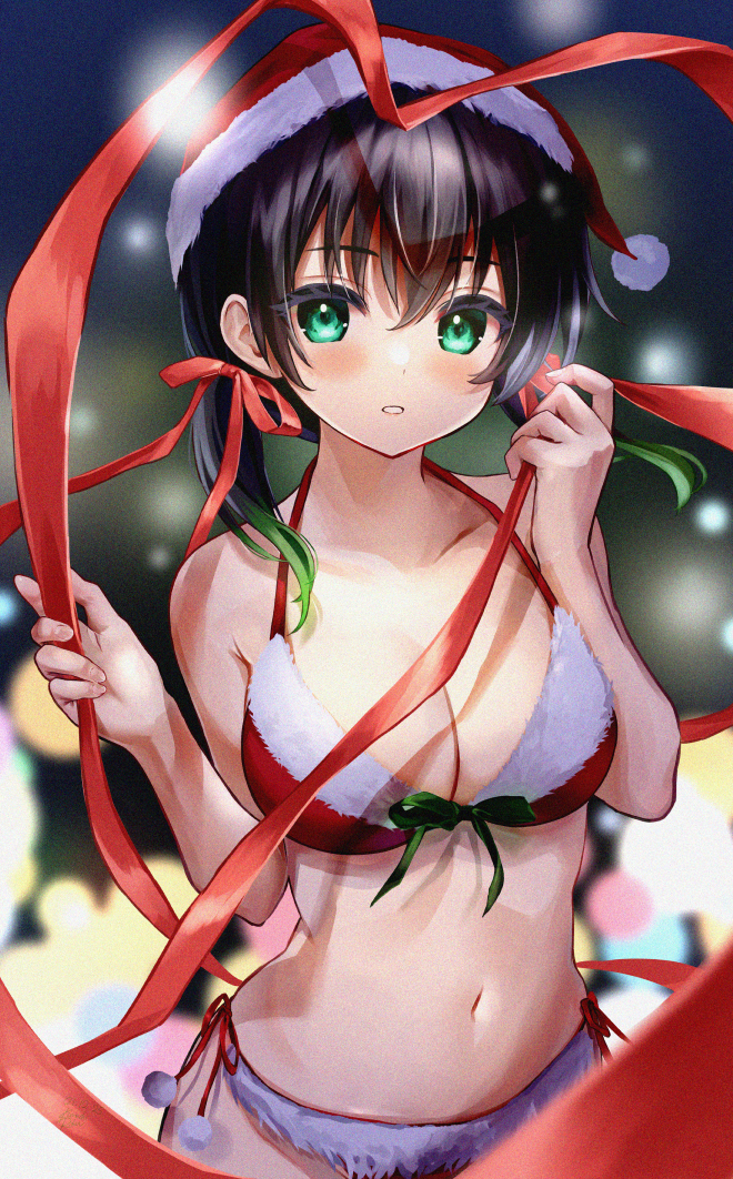 1girl, bangs, bikini, black_hair, blurry, blurry_background, blush, breasts