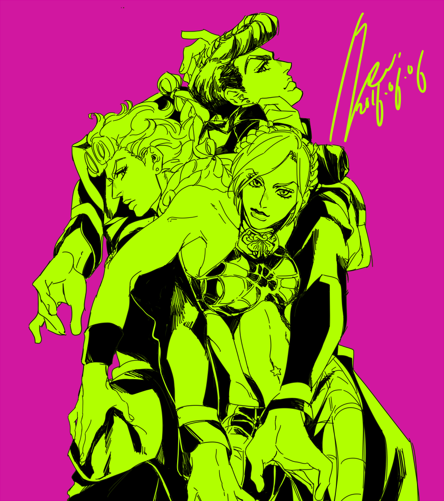 1girl, 2boys, diamond_wa_kudakenai, double_bun, giorno_giovanna, higashikata_josuke, jojo_no_kimyou_na_bouken, kujo_jolyne
