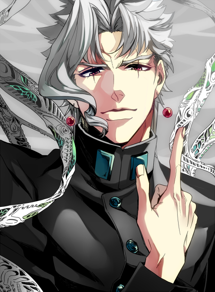 1boy, earrings, hierophant_green, jewelry, jojo_no_kimyou_na_bouken, jojo_pose, kakyoin_noriaki, looking_at_viewer