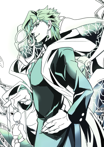 2boys, dual_persona, earrings, gakuran, glowing, hands_on_hips, hierophant_green, jewelry