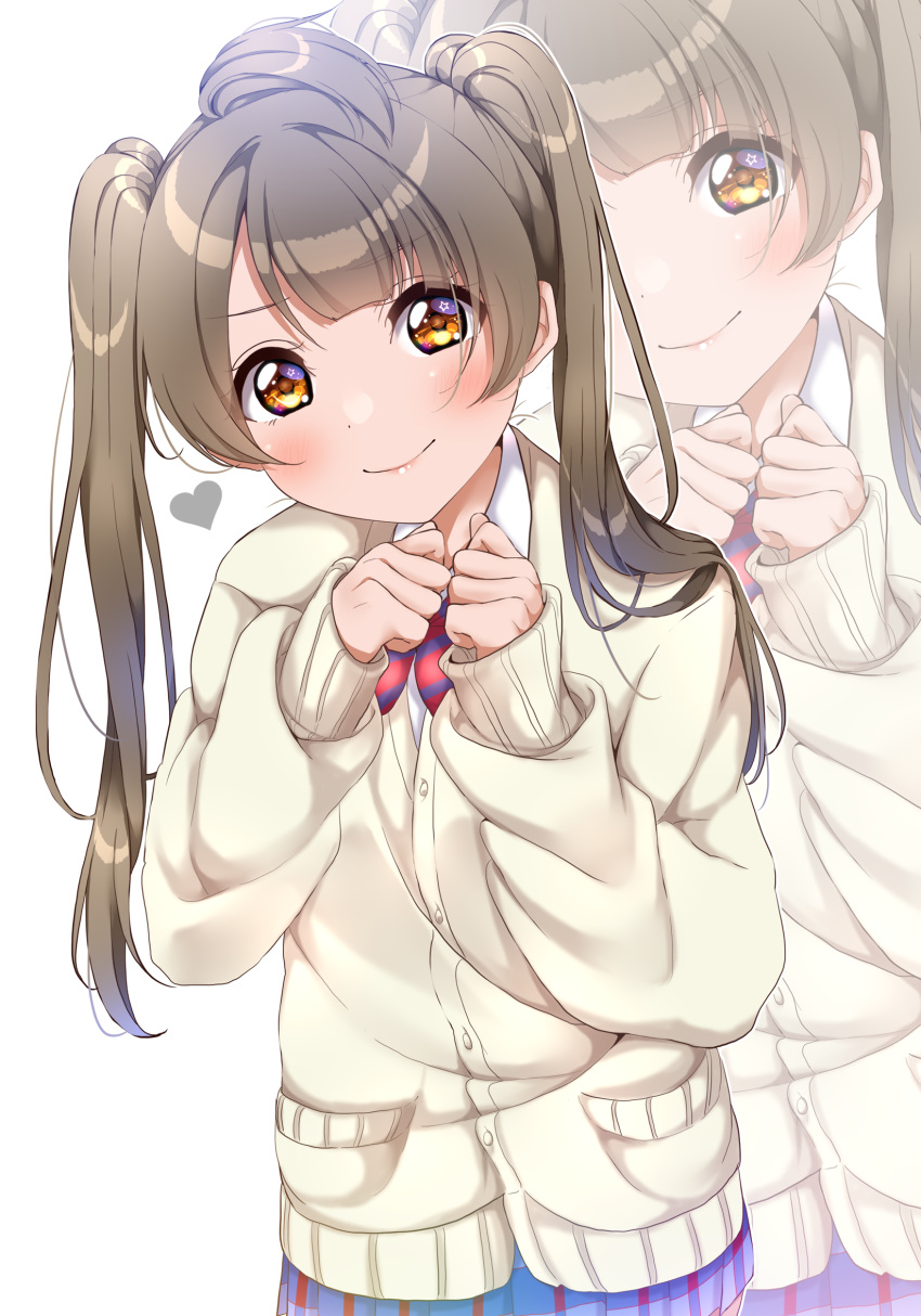 1girl, alternate_hairstyle, beige_cardigan, blue_skirt, blush, brown_eyes, cardigan, clenched_hands, closed_mouth, dress_shirt, highres, long_hair, looking_at_viewer, love_live!, love_live!_school_idol_project, minami_kotori, miniskirt, nail_polish, otonokizaka_school_uniform, panda_copt, plaid, plaid_skirt, pleated_skirt, school_uniform, shirt, skirt, smile, solo, star_(symbol), star_in_eye, symbol_in_eye, twintails, v-shaped_eyebrows, w_arms, white_shirt, yellow_eyes