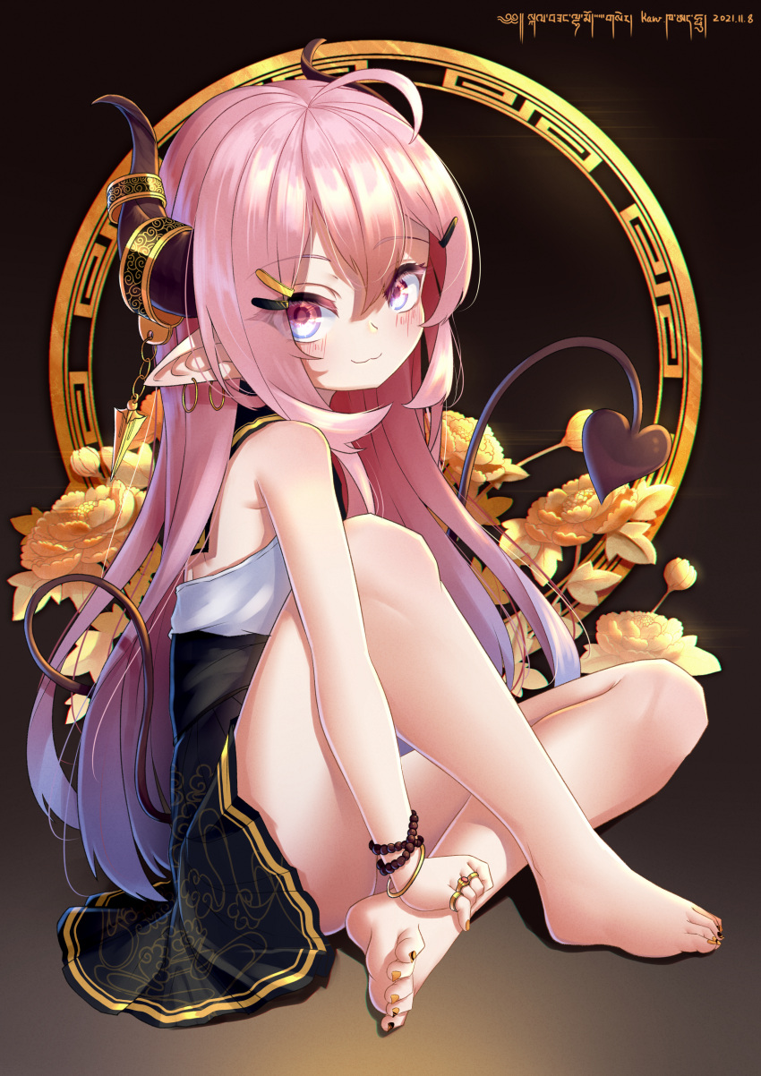 1girl, absurdres, ahoge, barefoot, black_dress, bracelet, demon_girl, demon_horns