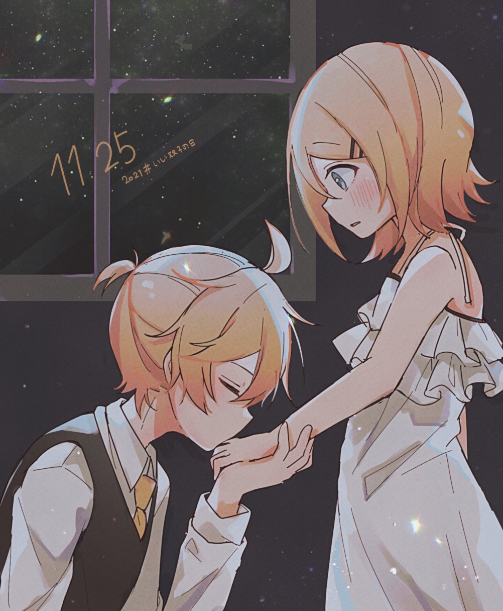1boy, 1girl, adolescence_(vocaloid), ahoge, bare_arms, bare_shoulders, blonde_hair, blush