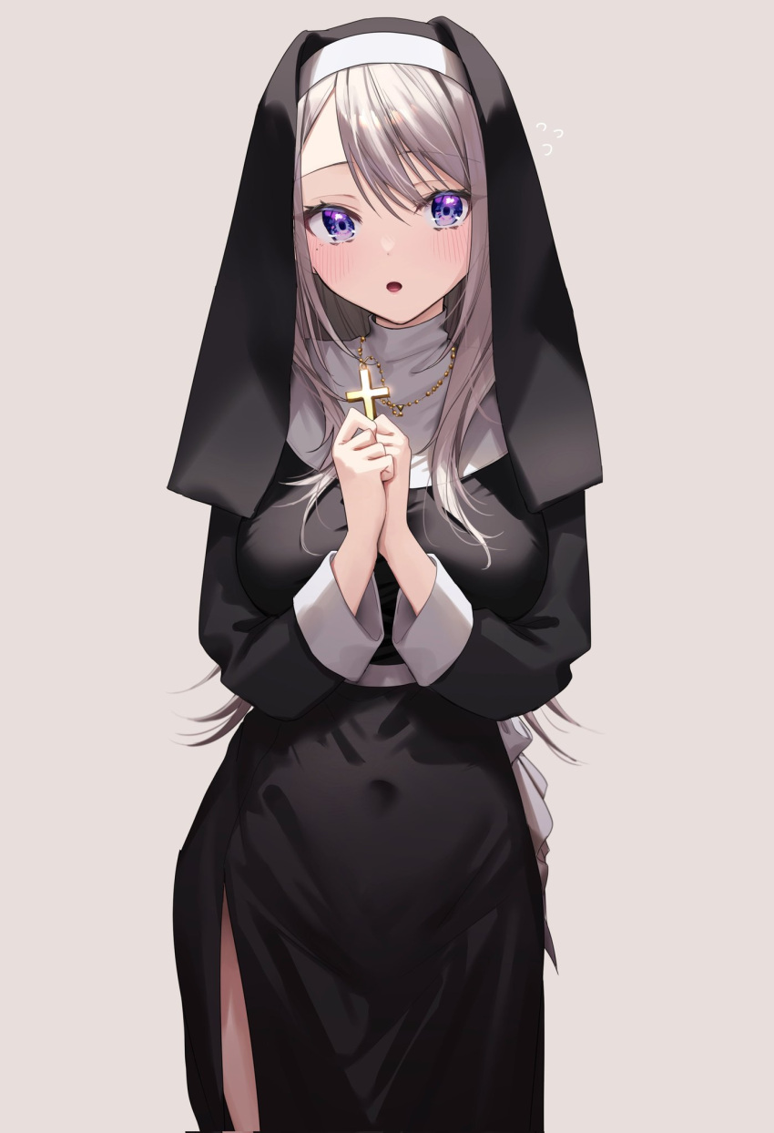 1girl, blush, breasts, chigusa_minori, clenched_hands, covered_navel, cross, cross_necklace