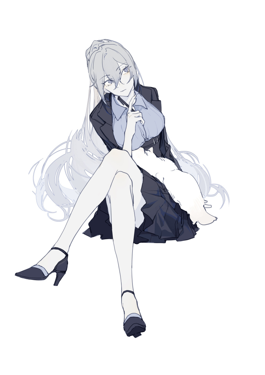 1girl, absurdres, animal, bangs, black_footwear, black_jacket, black_skirt, blue_shirt