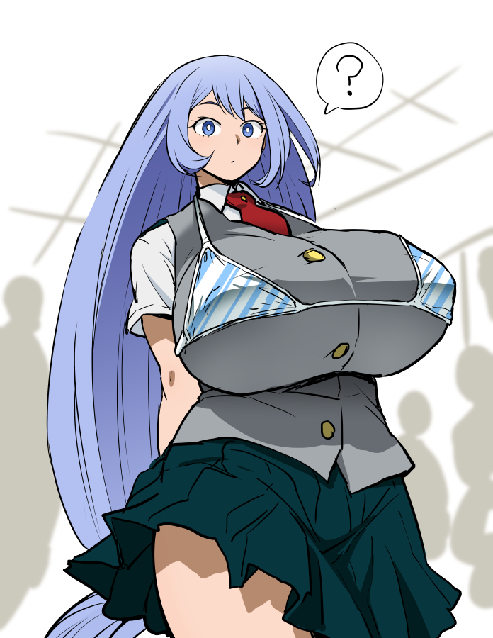 1girl, ?, bikini, bikini_over_clothes, bikini_top, blue_eyes, blue_hair, boku_no_hero_academia, breasts, buttons, closed_mouth, collared_shirt, gigantic_breasts, green_skirt, grey_vest, hadou_nejire, hallway, henriiku_(ahemaru), necktie, red_necktie, school_uniform, shirt, skirt, solo_focus, speech_bubble, striped, striped_bikini, swimsuit, swimsuit_over_clothes, u.a._school_uniform, vest, white_shirt