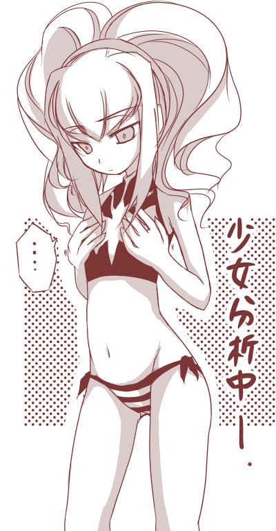 1girl, anya_earlstreim, bikini, code_geass, flat_chest, gloves, long_hair, monochrome