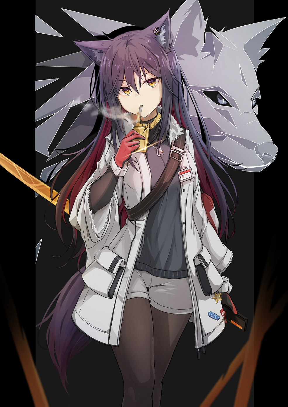 1girl, animal_ears, arknights, badge, bneoul, cigarette, coat, earrings, gloves, highres, jewelry, lighter, looking_away, pantyhose, purple_hair, short_shorts, shorts, solo, standing, texas_(arknights), wolf, yellow_eyes