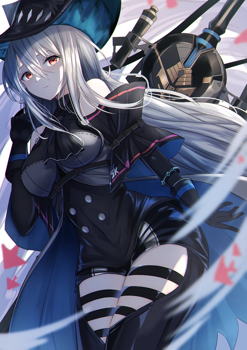 1girl, arknights, bangs, bare_shoulders, black_gloves, black_headwear, black_neckwear, black_pants