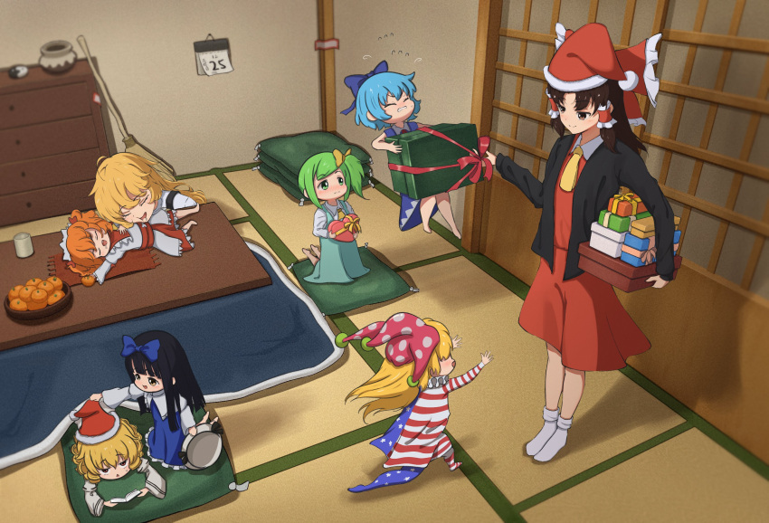 6+girls, american_flag_dress, american_flag_legwear, aqua_dress, ascot, bangs, basket, black_hair