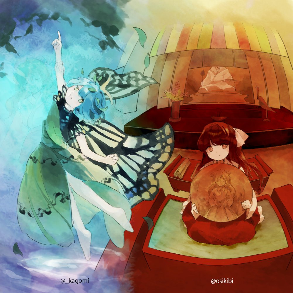 2girls, antennae, aqua_hair, black_hair, butterfly_wings, dress, eternity_larva, fairy