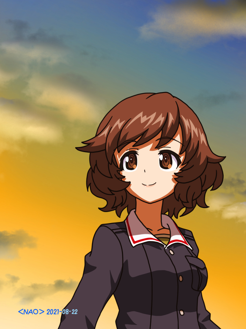 1girl, akiyama_yukari, artist_name, bangs, blue_jacket, brown_eyes, brown_hair, closed_mouth
