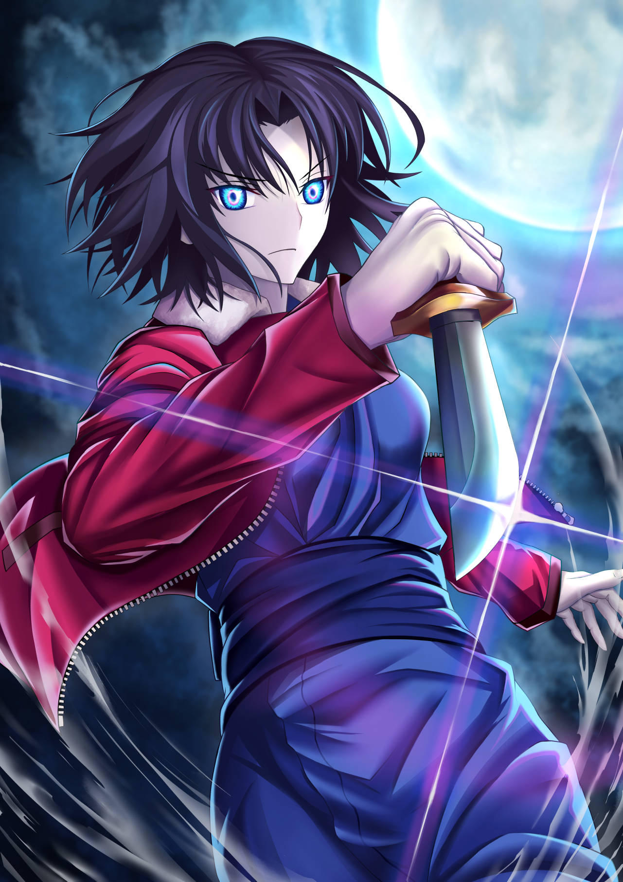 1girl, bangs, black_hair, blue_eyes, blue_kimono, closed_mouth, clouds, commentary_request