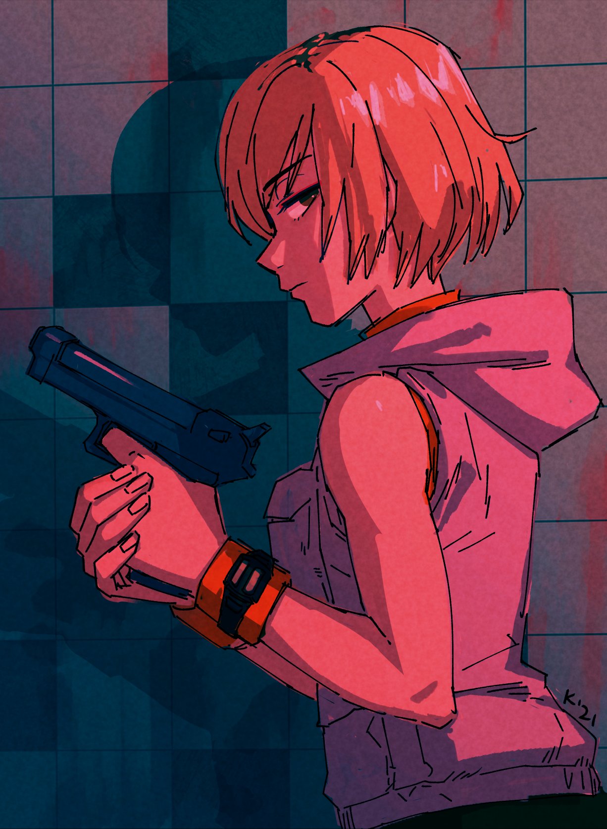 1girl, bare_shoulders, blonde_hair, blood, blood_on_wall, brown_eyes, closed_mouth, dated