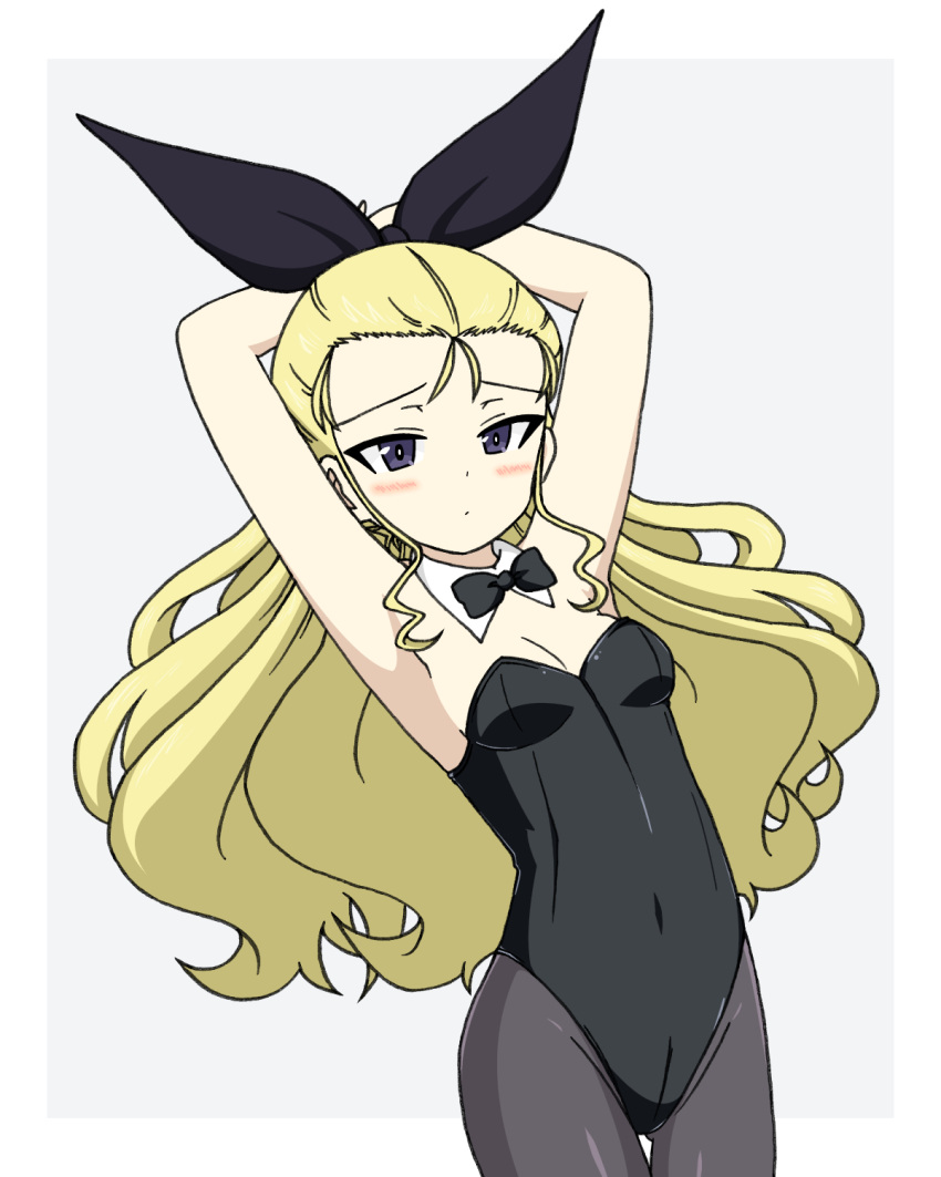 1girl, alternate_costume, animal_ears, arm_behind_back, arms_behind_head, arms_up, assam_(girls_und_panzer), black_bow