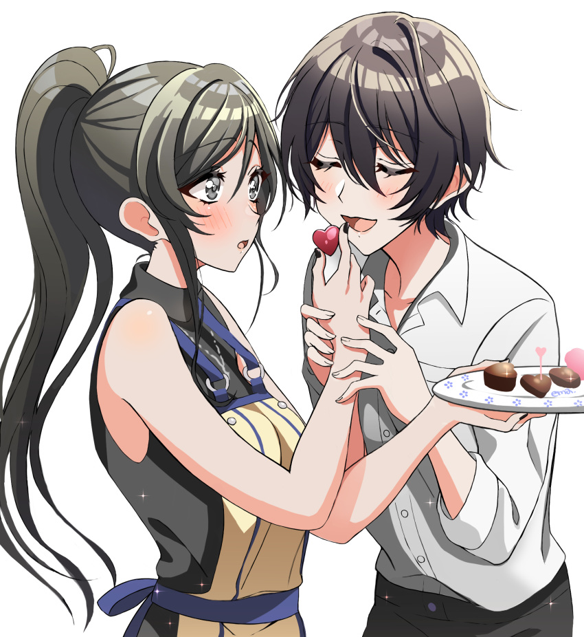 2girls, aoyagi_tsubaki, bakkanda, bangs, bare_arms, bare_shoulders, black_hair, blush