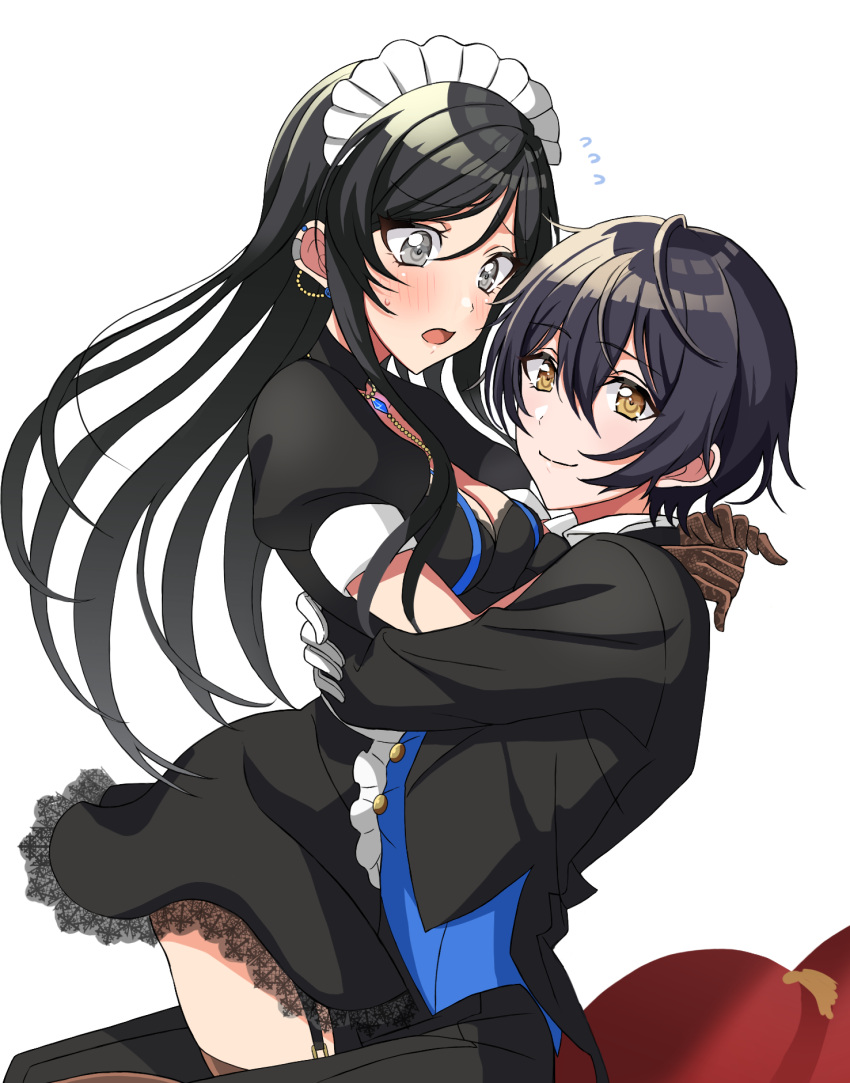 2girls, aoyagi_tsubaki, bakkanda, bangs, black_hair, blush, breasts, brown_gloves