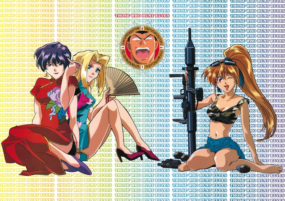 1boy, 3girls, barefoot, blonde_hair, blue_dress, blue_eyes, blue_skirt, brown_eyes