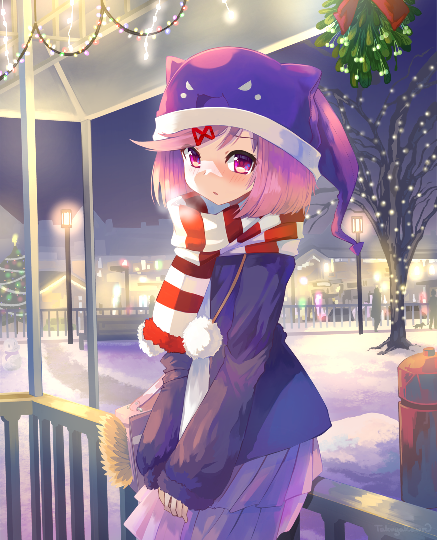 1girl, alternate_costume, animal_hat, bag, bangs, bare_tree, blush, breath