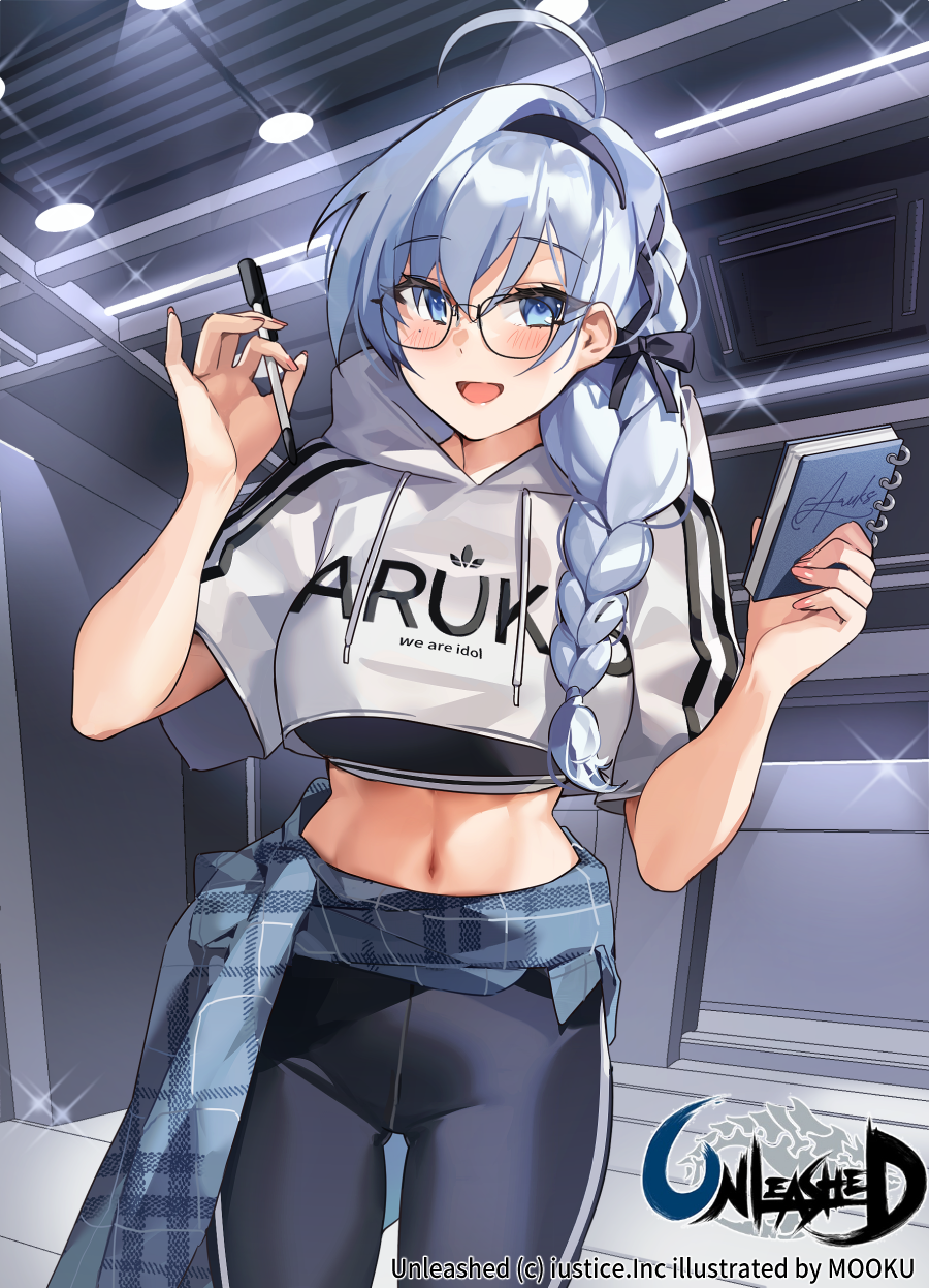 1girl, :d, ahoge, black-framed_eyewear, black_pants, black_shirt, blue_eyes, bow