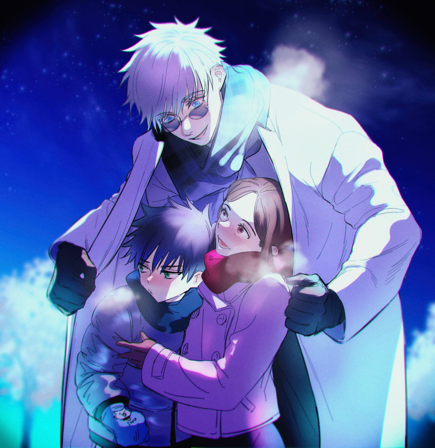 1girl, 2boys, bangs, black_hair, black_jacket, black_pants, black_scarf, blue_eyes