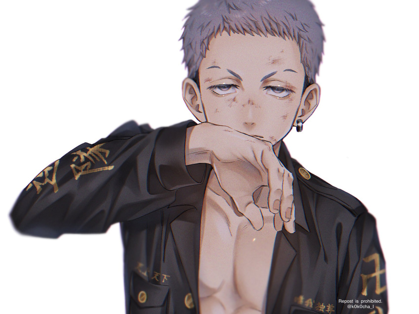 1boy, black_hair, black_jacket, closed_mouth, collarbone, earrings, eyebrow_cut, grey_eyes, grey_hair, hand_up, highres, injury, jacket, jewelry, k0k0cha_i, long_sleeves, looking_at_viewer, male_focus, mitsuya_takashi, open_clothes, open_jacket, short_hair, simple_background, single_earring, solo, tokyo_revengers, twitter_username, undercut, upper_body, white_background