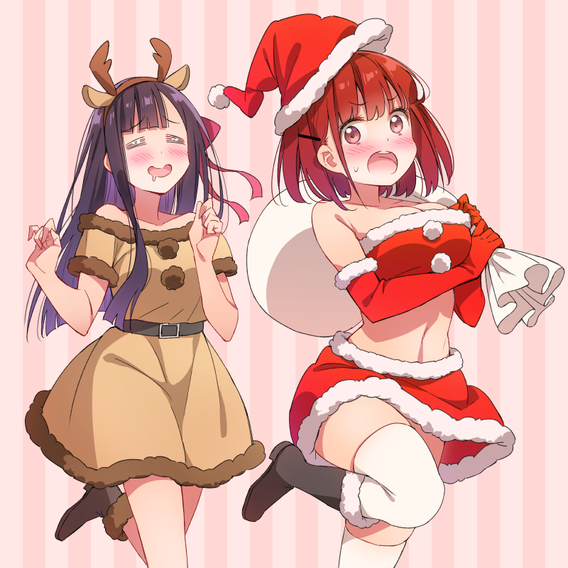 2girls, :d, :o, =_=, amae_sasete_hinamori-san!, animal_ears, arm_under_breasts, bangs