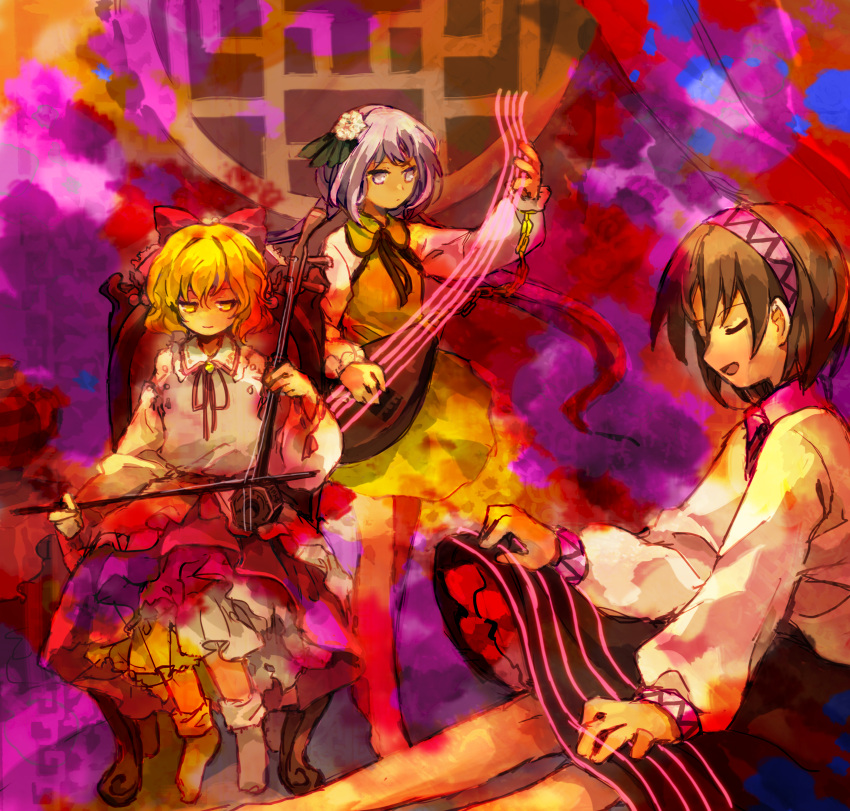 3girls, absurdres, biwa_lute, black_skirt, blonde_hair, bloomers, bow, brown_dress