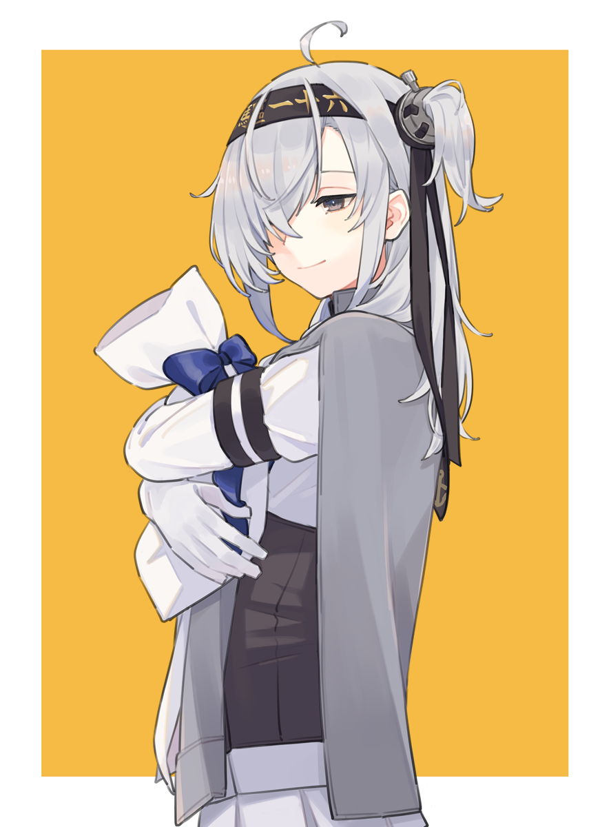 1girl, ahoge, artist_name, black_headwear, bodysuit, border, closed_mouth, clothes_writing