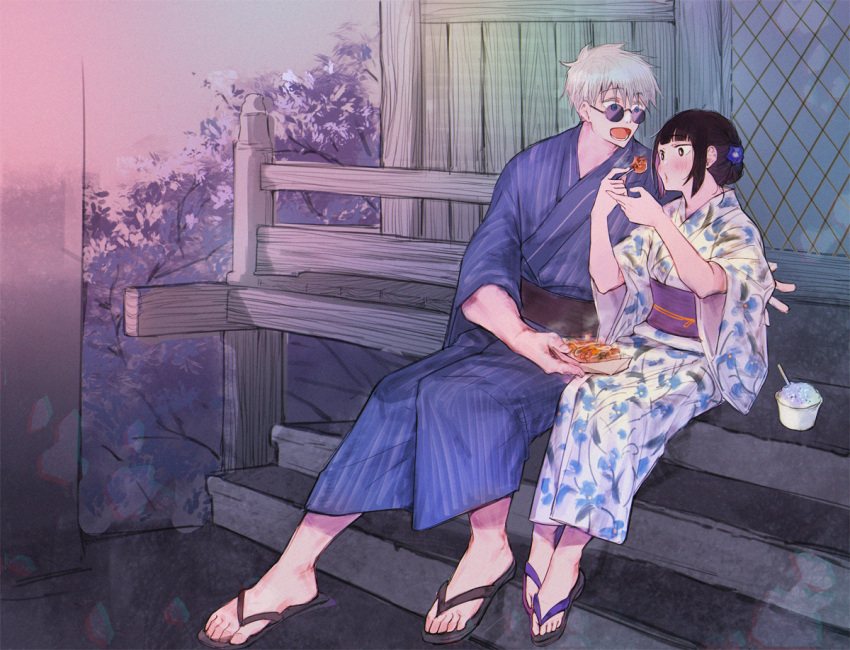 1boy, 1girl, black_eyes, black_footwear, black_hair, blowing, blue_eyes, blue_kimono