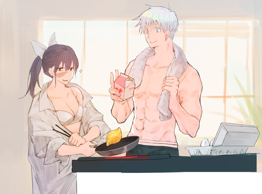 1boy, 1girl, abs, black_eyes, black_hair, black_shorts, blue_eyes, bow