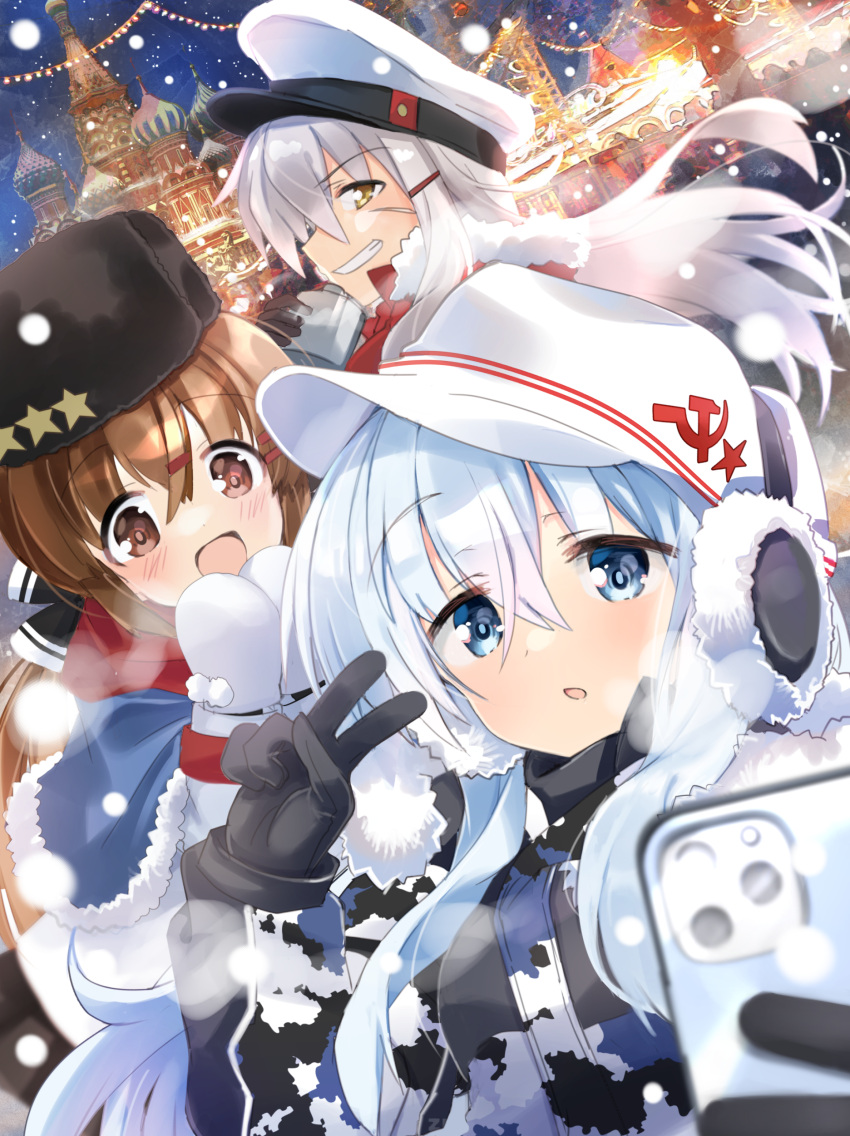 3girls, absurdres, black_bow, black_gloves, black_headwear, blue_eyes, blue_shawl, blush