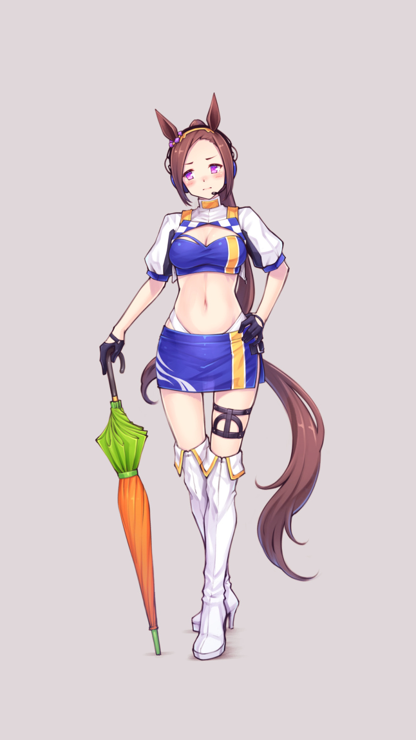 1girl, animal_ears, bangs, boots, breasts, brown_hair, cosplay, earphones