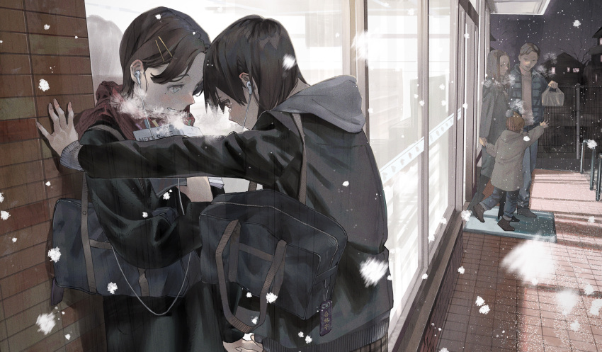2boys, 3girls, absurdres, bag, black_hair, blush, book, brown_hair
