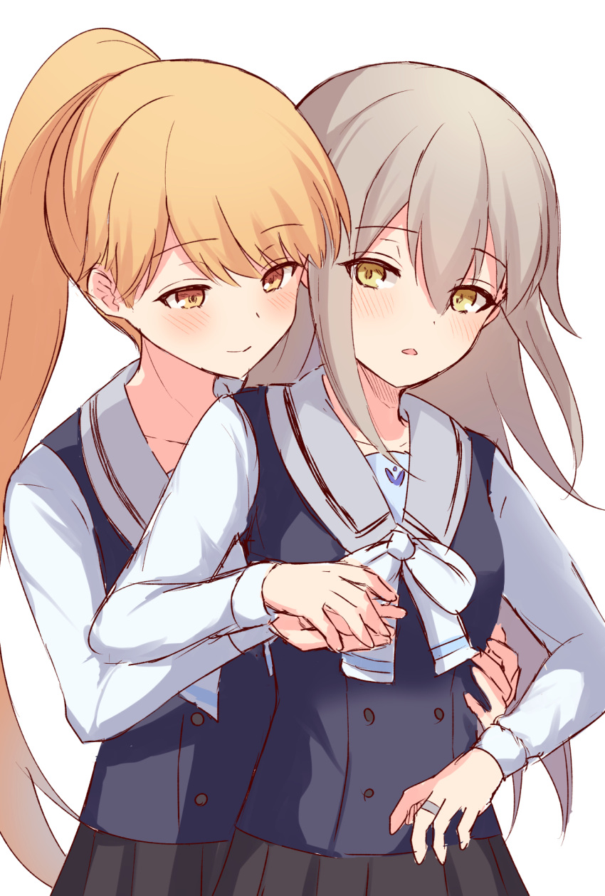 2girls, grey_hair, highres, hug, hug_from_behind, kirari_hikaru, kureha_yuna, long_hair