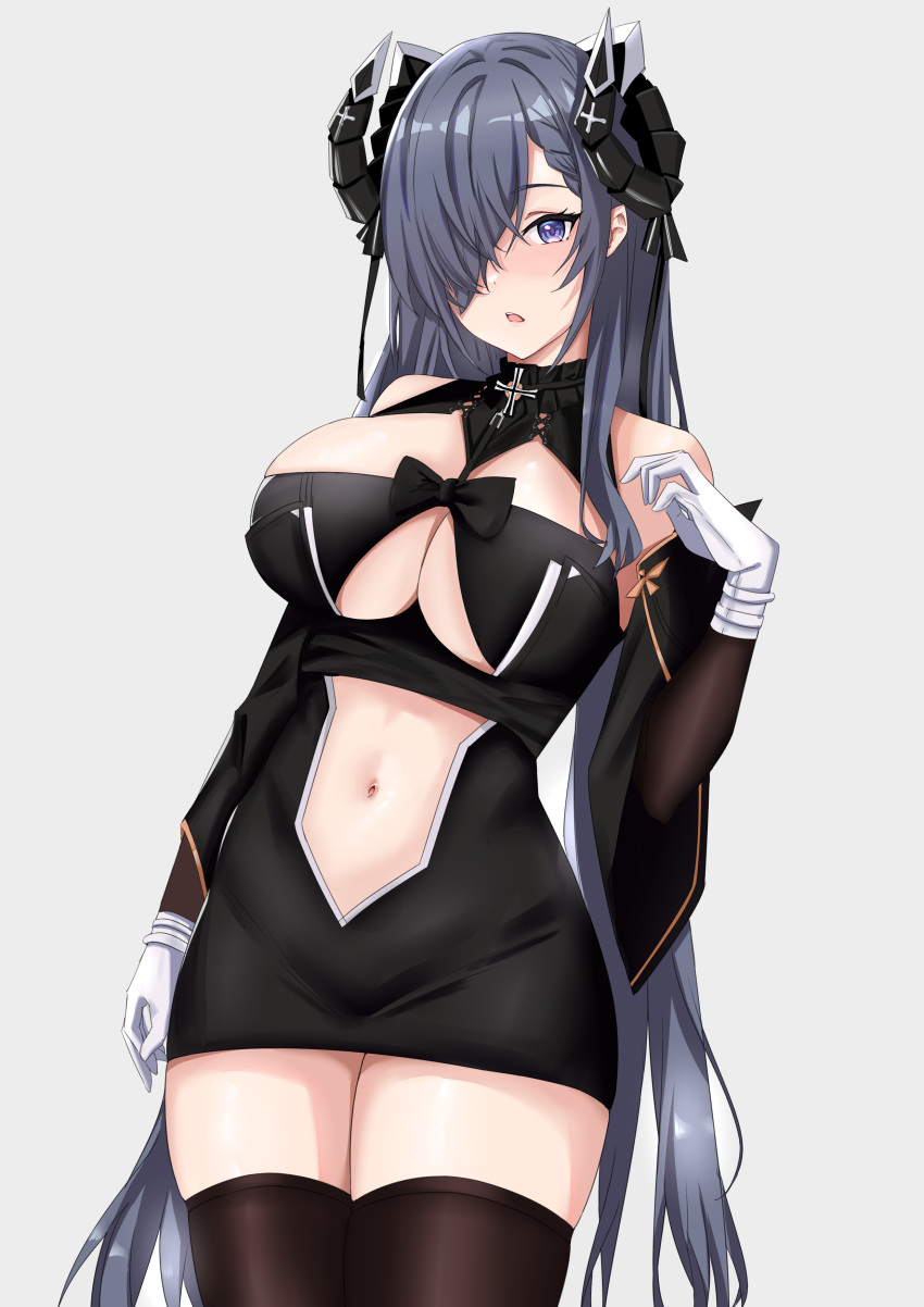 1girl, absurdres, august_von_parseval_(azur_lane), azur_lane, bangs, black_dress, black_legwear, black_sleeves
