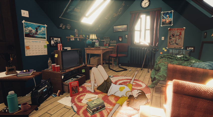 1girl, armchair, attic, bed, black_shorts, book, breasts, brown_hair