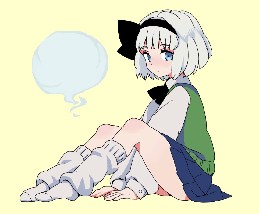 1girl, :o, black_bow, black_hairband, black_neckwear, black_ribbon, blue_eyes, blue_skirt, bob_cut, bow, bowtie, collared_shirt, commentary_request, green_vest, hair_ribbon, hairband, highres, jean_(jean_sp), konpaku_youmu, konpaku_youmu_(ghost), long_sleeves, looking_at_viewer, loose_socks, ribbon, shirt, short_hair, silver_hair, simple_background, skirt, socks, solo, touhou, vest, white_legwear, white_shirt, yellow_background