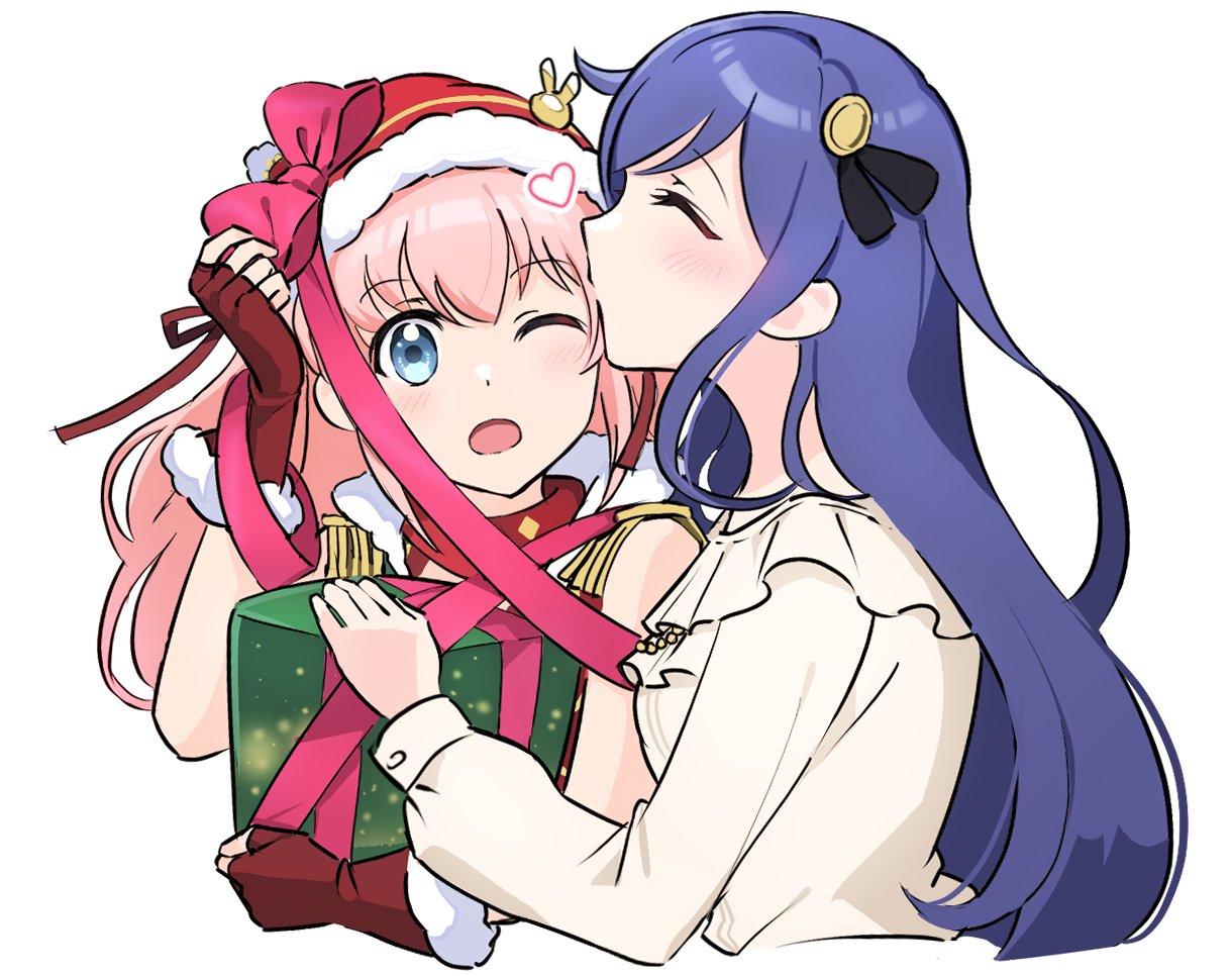 2girls, :o, arm_up, bangs, black_ribbon, blue_eyes, blue_hair, blush