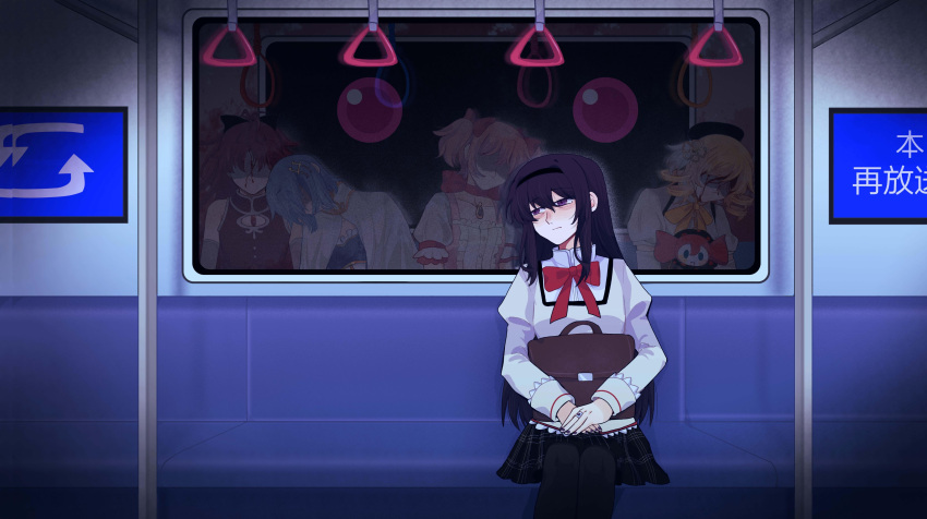 absurdres, akemi_homura, bag, black_hair, charlotte_(madoka_magica), different_reflection, highres, kaname_madoka, kyubey, long_hair, magical_girl, mahou_shoujo_madoka_magica, miki_sayaka, mocaccc, reflection, ribbon, sakura_kyouko, school_bag, school_uniform, sitting, solo_focus, tomoe_mami, train_interior, violet_eyes