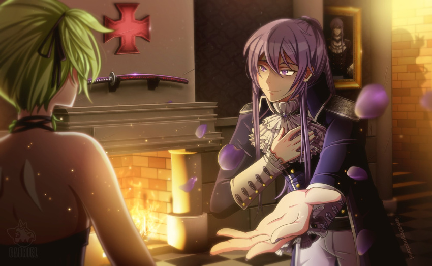 ascot, bare_shoulders, evillious_nendaiki, fireplace, green_hair, gumi, gumina_glassred, highres, kamui_gakupo, katana, mario_gagabriel, official_style, petals, portrait_(object), project_sekai, purple_hair, sateriasis_venomania, smile, sword, venomania_kou_no_kyouki_(vocaloid), violet_eyes, vocaloid, weapon