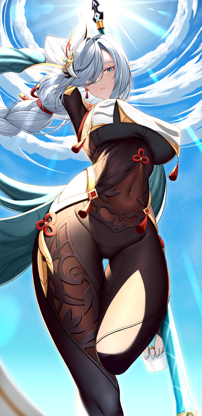1girl, bangs, black_gloves, blue_eyes, blush, bodysuit, braid, braided_ponytail