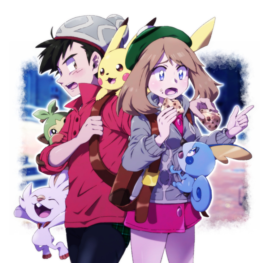 1boy, 1girl, 3orochi, ash_ketchum, bangs, beanie, black_hair, brown_hair