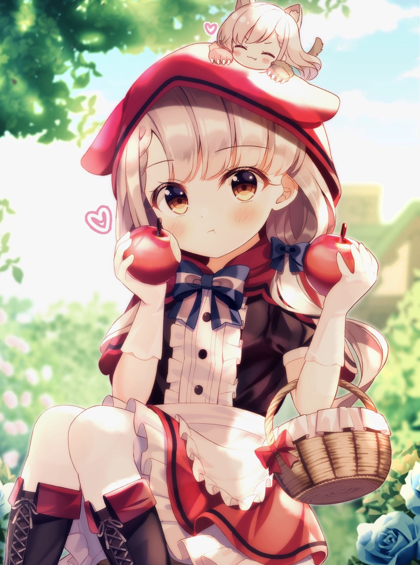 2girls, :3, ^_^, animal_ear_fluff, animal_ears, animal_hands, animal_hood, apple