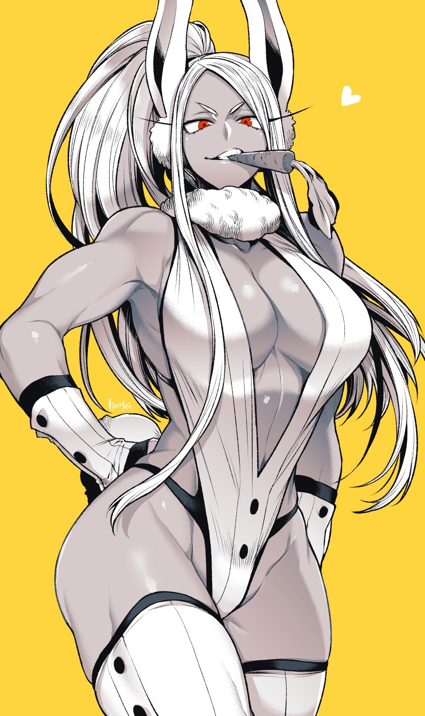 1girl, alternate_hairstyle, animal_ears, armpits, boku_no_hero_academia, breasts, carrot, center_opening