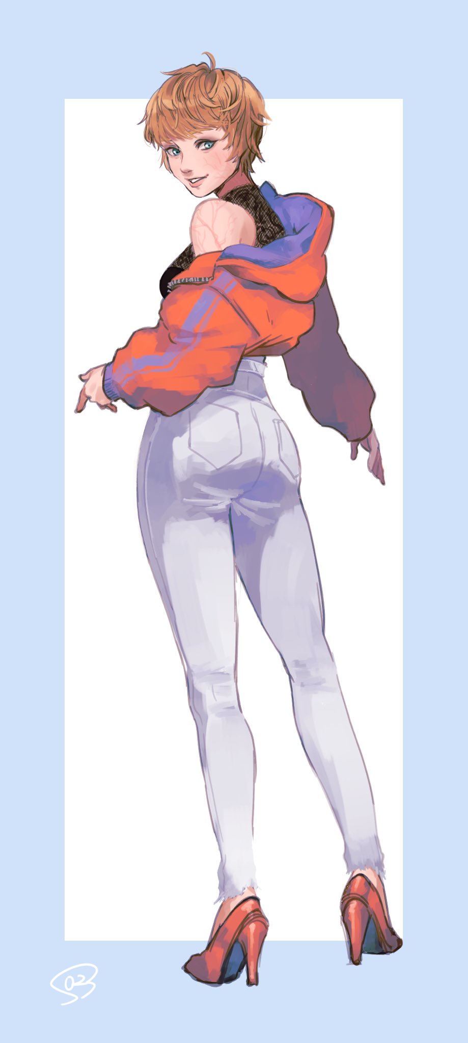 1girl, adapted_costume, apex_legends, ass, black_shirt, blonde_hair, blue_border, blue_eyes
