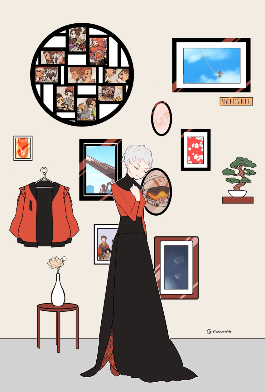 1girl, adapted_costume, apex_legends, bangalore_(apex_legends), black_skirt, bloodhound_(apex_legends), bonsai, breasts