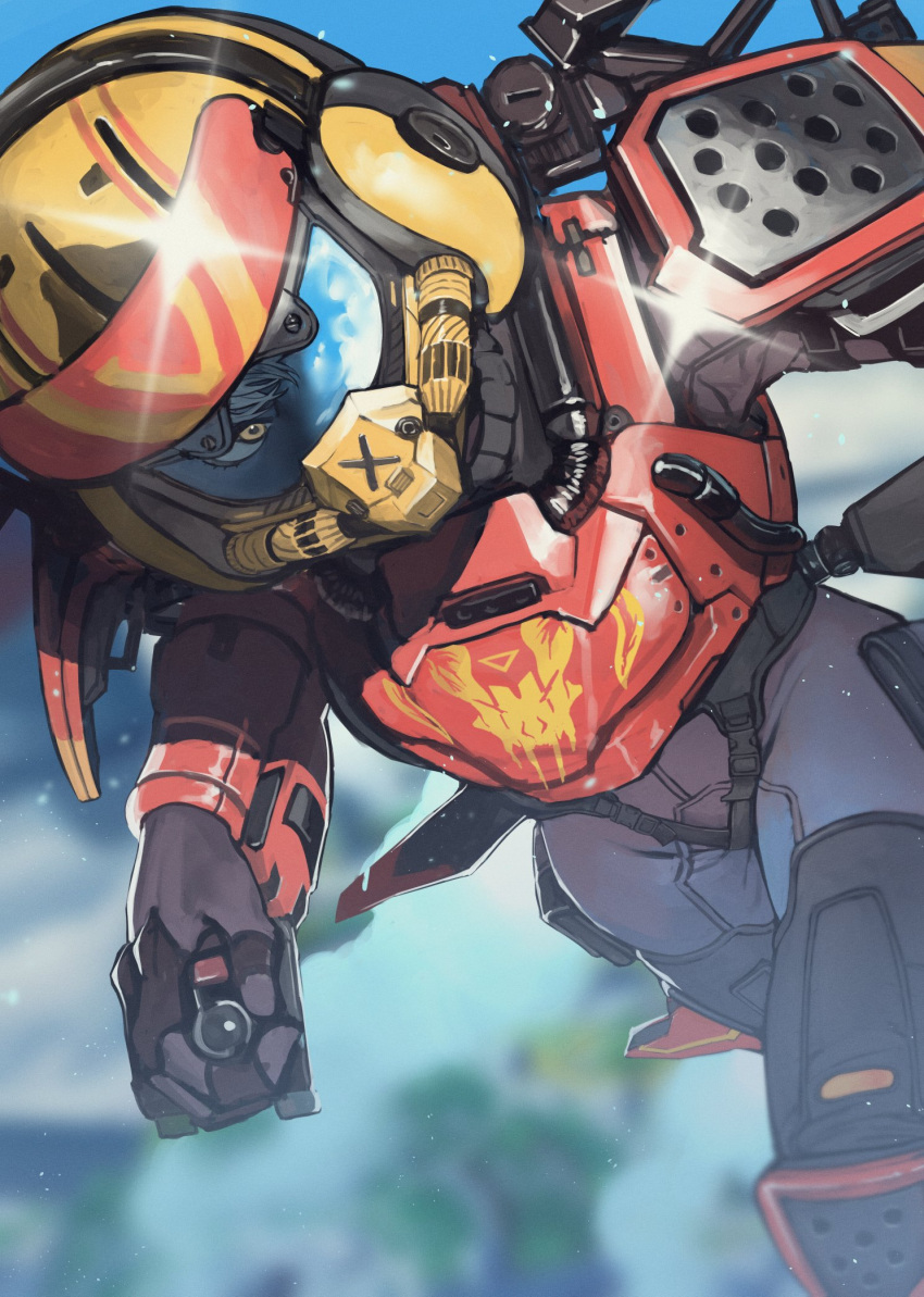 1girl, apex_legends, armor, birthright_valkyrie, blurry, blurry_background, bodysuit, brown_eyes, flying, gloves, grey_bodysuit, grey_gloves, grey_hair, helmet, highres, holding, knee_pads, looking_to_the_side, nzenzenzenze, one_eye_covered, shiny, solo, valkyrie_(apex_legends), visor