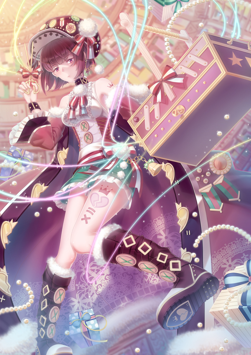 1girl, bare_shoulders, bell, boots, bow, bracelet, brown_hair, buttons