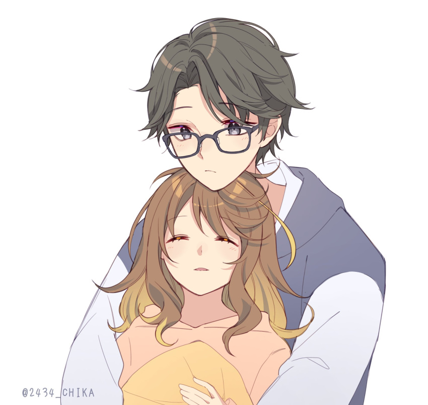 1boy, 1girl, amicia_michella, bangs, black_eyes, black_hair, blonde_hair, blue_hoodie
